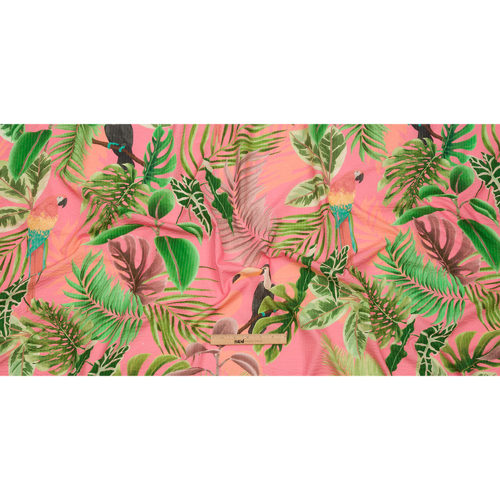 Cotton and Viscose Striped Seersucker Print - Pink Birds and Leaves - Mood Exclusive Birds of Paradise Full Cotton and Viscose Striped Seersucker Print - Pink Birds and Leaves - Mood Exclusive Birds of Paradise Full