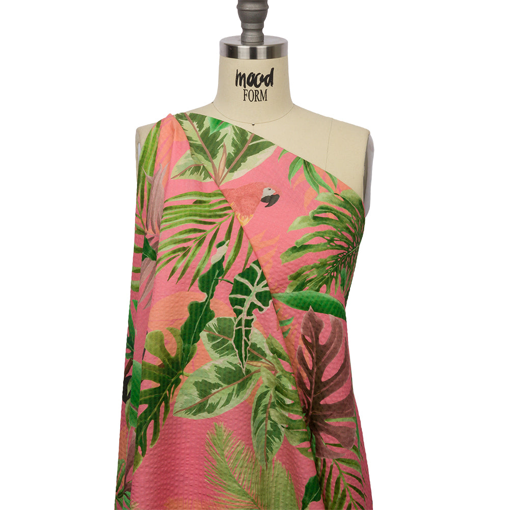 Cotton and Viscose Striped Seersucker Print - Pink Birds and Leaves - Mood Exclusive Birds of Paradise Drape Cotton and Viscose Striped Seersucker Print - Pink Birds and Leaves - Mood Exclusive Birds of Paradise Drape