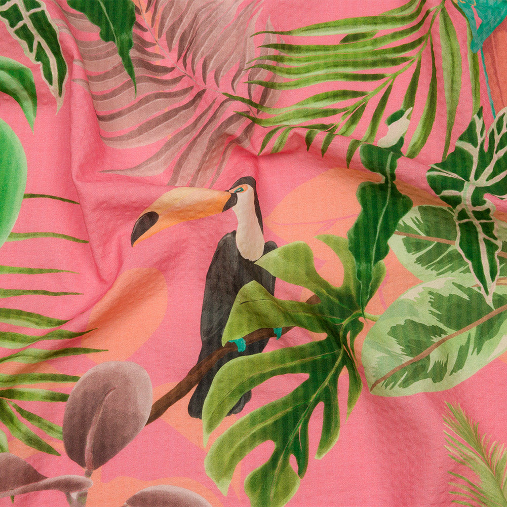 Cotton and Viscose Striped Seersucker Print - Pink Birds and Leaves - Mood Exclusive Birds of Paradise Cotton and Viscose Striped Seersucker Print - Pink Birds and Leaves - Mood Exclusive Birds of Paradise