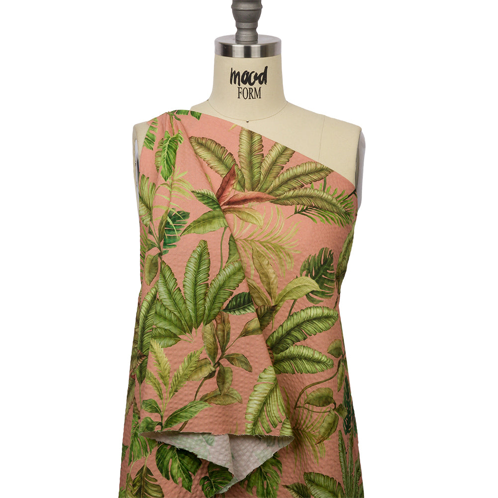 Cotton and Viscose Striped Seersucker Print - Pink Leaves - Mood Exclusive Tropic Royale Drape Cotton and Viscose Striped Seersucker Print - Pink Leaves - Mood Exclusive Tropic Royale Drape