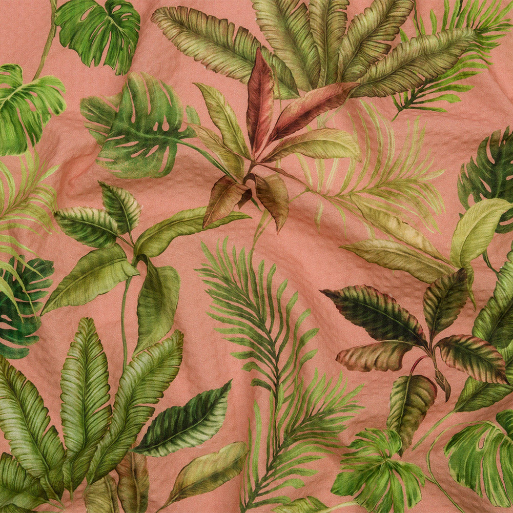 Cotton and Viscose Striped Seersucker Print - Pink Leaves - Mood Exclusive Tropic Royale Cotton and Viscose Striped Seersucker Print - Pink Leaves - Mood Exclusive Tropic Royale