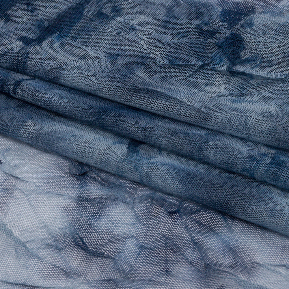 Indigo Tie Dye Crinkled Polyester Stretch Tulle Folded Indigo Tie Dye Crinkled Polyester Stretch Tulle Folded