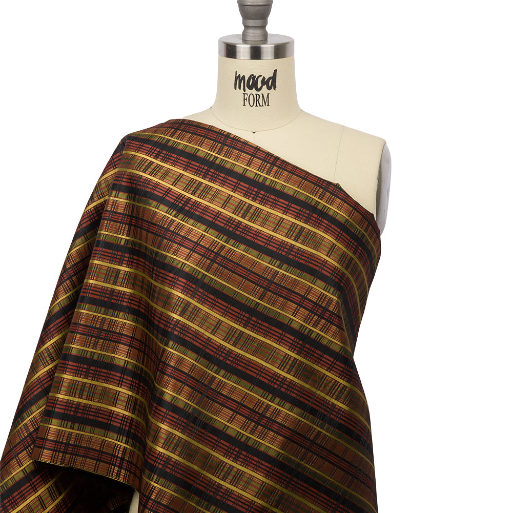 Olive, Burgundy and Black Plaid Polyester Jacquard Drape Olive, Burgundy and Black Plaid Polyester Jacquard Drape