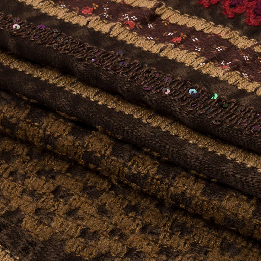 Brown, Beige and Red Wool Boucle Embroidered Polyester Satin with Sequins and Floral Applique Stripes Folded Brown, Beige and Red Wool Boucle Embroidered Polyester Satin with Sequins and Floral Applique Stripes Folded