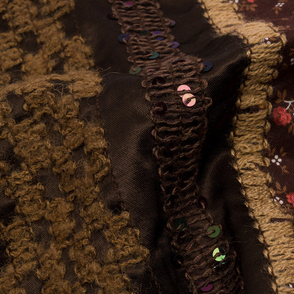 Brown, Beige and Red Wool Boucle Embroidered Polyester Satin with Sequins and Floral Applique Stripes Detail Brown, Beige and Red Wool Boucle Embroidered Polyester Satin with Sequins and Floral Applique Stripes Detail