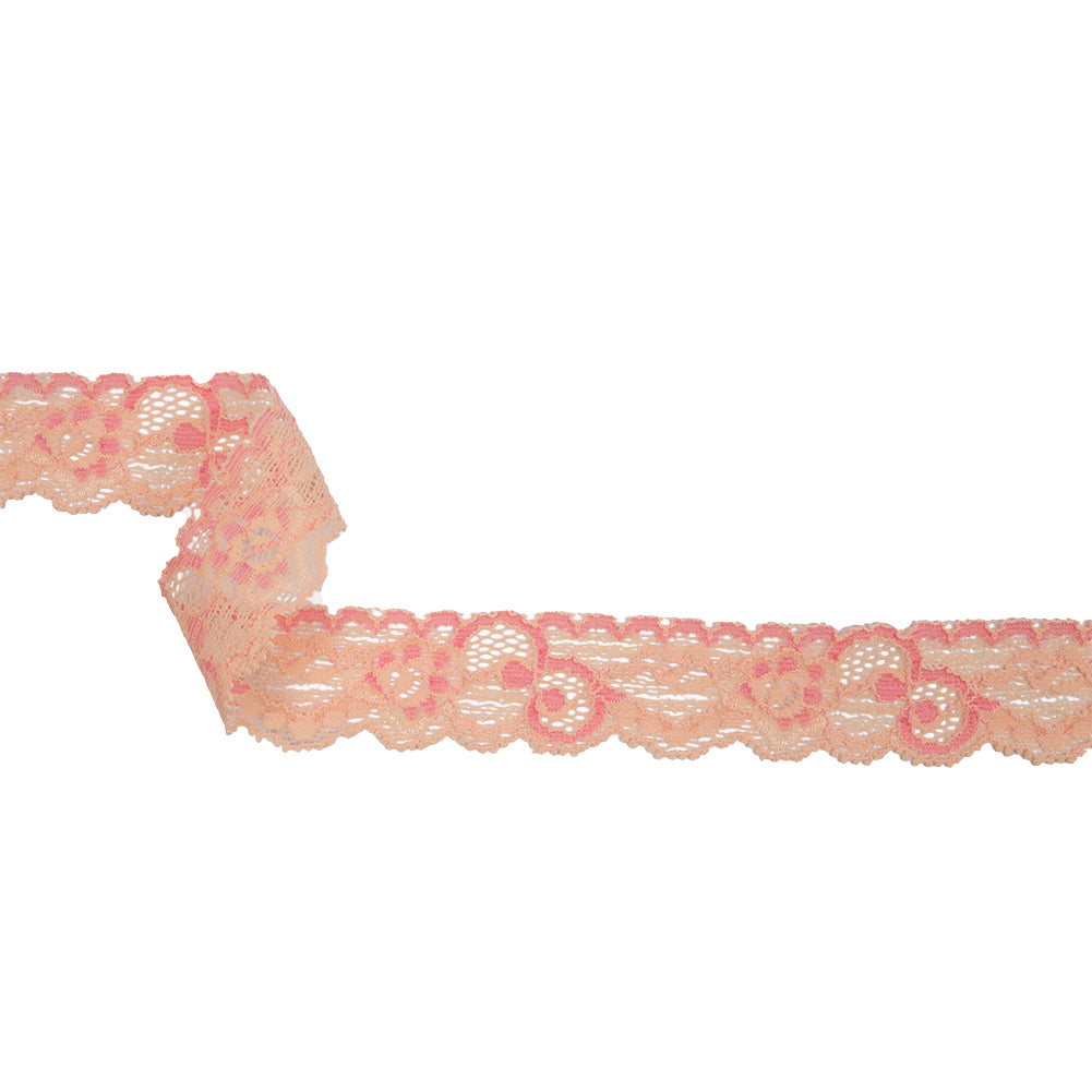 Famous NYC Designer Pale Peach and Pink Sweet Florals Scalloped Re-Embroidered Stretch Lace Trim - 1.125" Famous NYC Designer Pale Peach and Pink Sweet Florals Scalloped Re-Embroidered Stretch Lace Trim - 1.125"