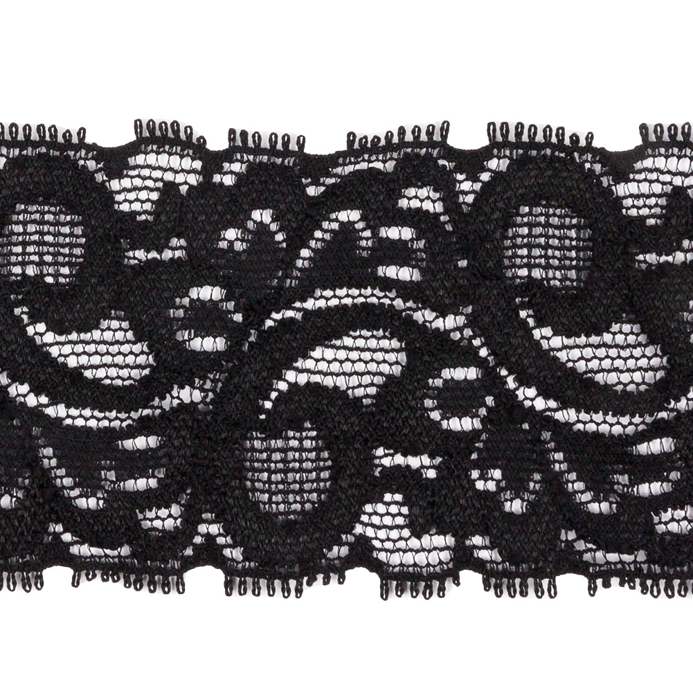 Famous NYC Designer Black Swirls and Leaves Stretch Lace Trim - 1.75" Detail Famous NYC Designer Black Swirls and Leaves Stretch Lace Trim - 1.75" Detail