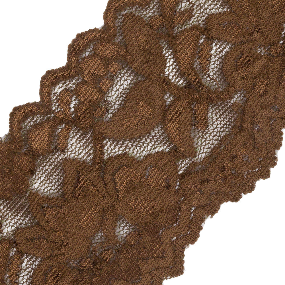 Famous NYC Designer Olive Brown Floral Stretch Lace Trim with Scalloped Edges - 2.375" Detail Famous NYC Designer Olive Brown Floral Stretch Lace Trim with Scalloped Edges - 2.375" Detail