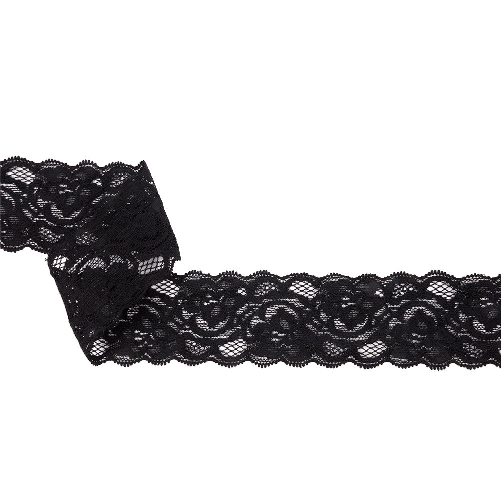 Famous NYC Designer Black Floral Stretch Lace Trim with Scalloped Edges - 1.625" Famous NYC Designer Black Floral Stretch Lace Trim with Scalloped Edges - 1.625"
