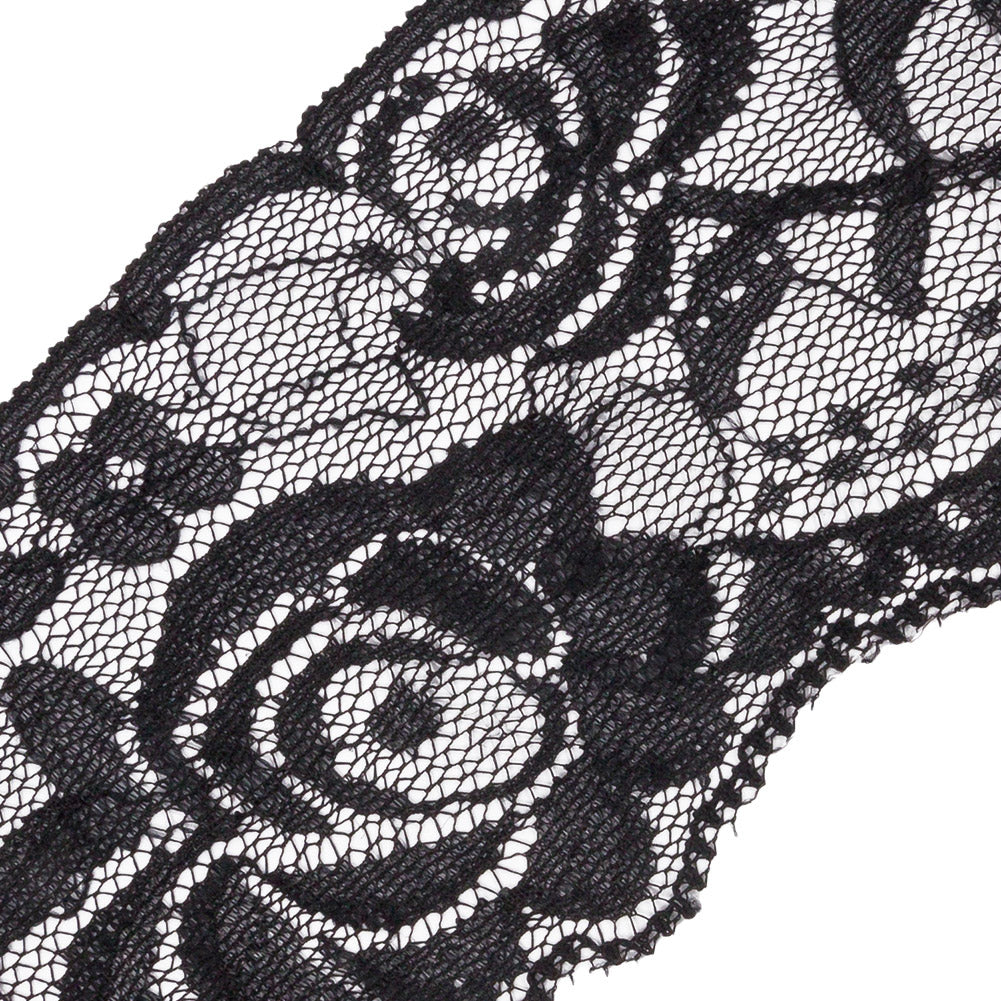Famous NYC Designer Black Delicate Roses Stretch Lace Trim with Scalloped Edge - 2.25" Detail Famous NYC Designer Black Delicate Roses Stretch Lace Trim with Scalloped Edge - 2.25" Detail