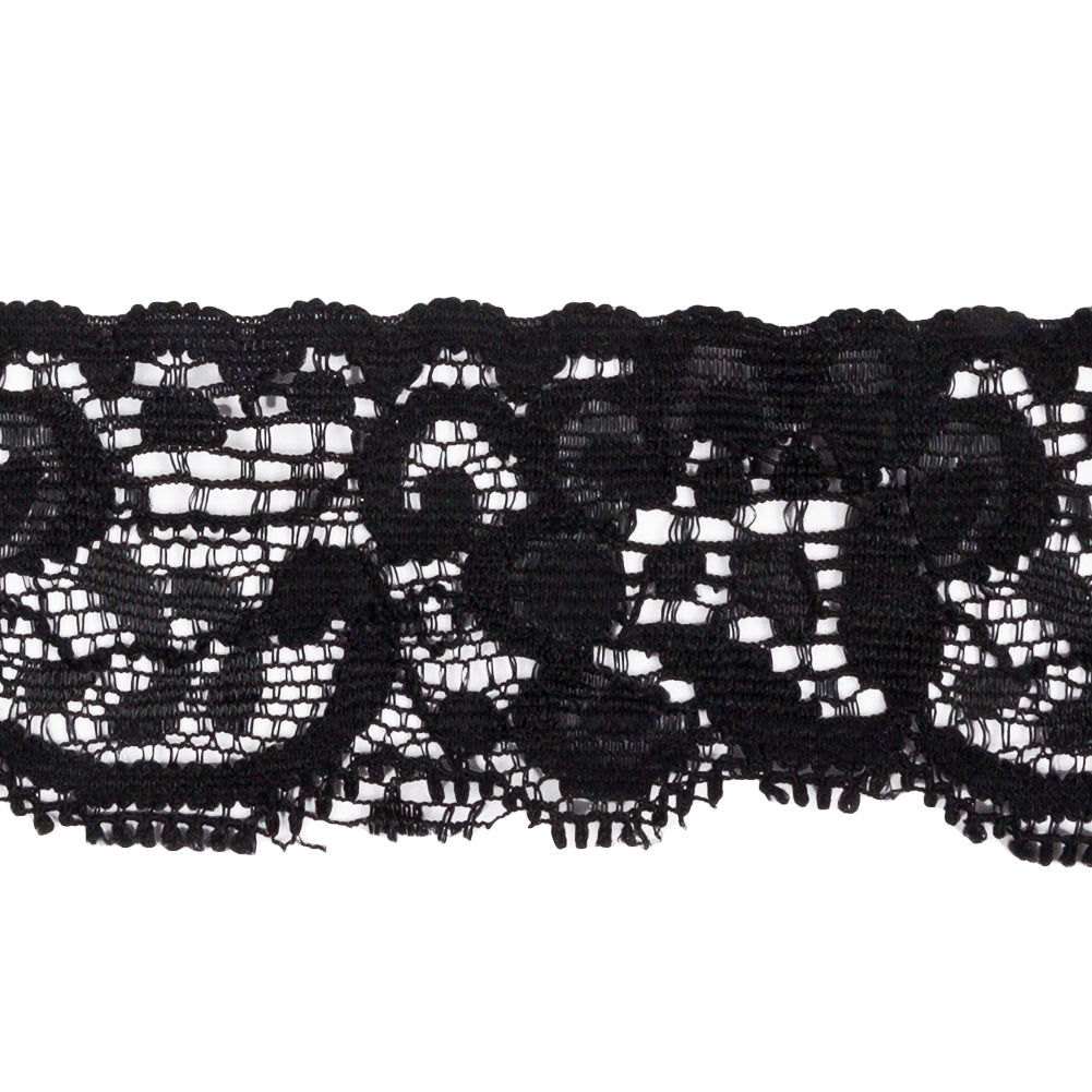 Famous NYC Designer Black Flowers and Swirls Scalloped Stretch Re-Embroidered Lace Trim - 1.375" Detail Famous NYC Designer Black Flowers and Swirls Scalloped Stretch Re-Embroidered Lace Trim - 1.375" Detail