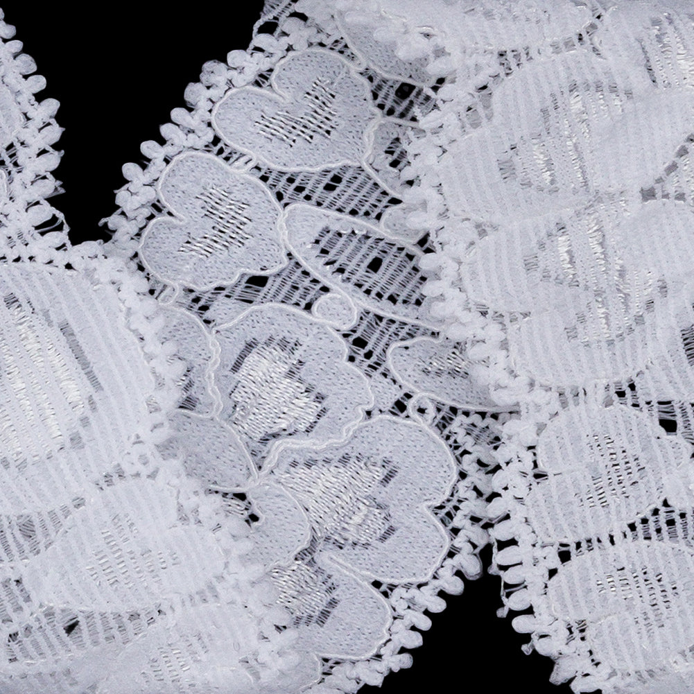 Famous NYC Designer White Floral Scalloped Stretch Corded Lace Trim - 1.625" Detail Famous NYC Designer White Floral Scalloped Stretch Corded Lace Trim - 1.625" Detail