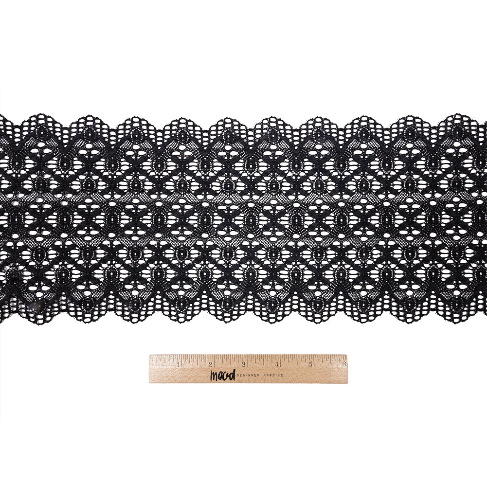 Midnight Crosses and Arches Stretch Lace Trim with Scalloped Edges - 6.5" Full Midnight Crosses and Arches Stretch Lace Trim with Scalloped Edges - 6.5" Full