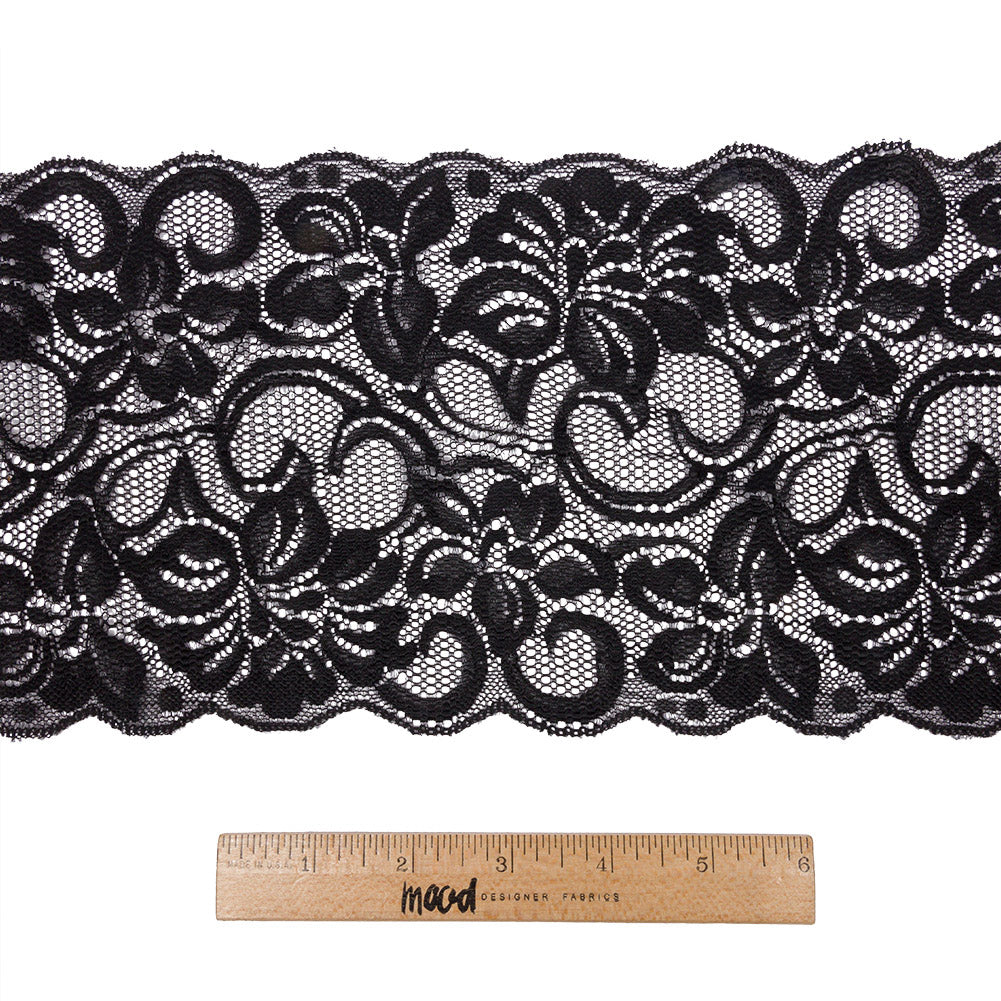 Black Floral Stretch Lace with Scalloped Edges - 6" Full Black Floral Stretch Lace with Scalloped Edges - 6" Full