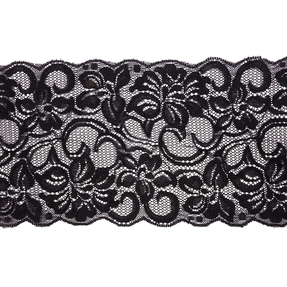 Black Floral Stretch Lace with Scalloped Edges - 6" Black Floral Stretch Lace with Scalloped Edges - 6"