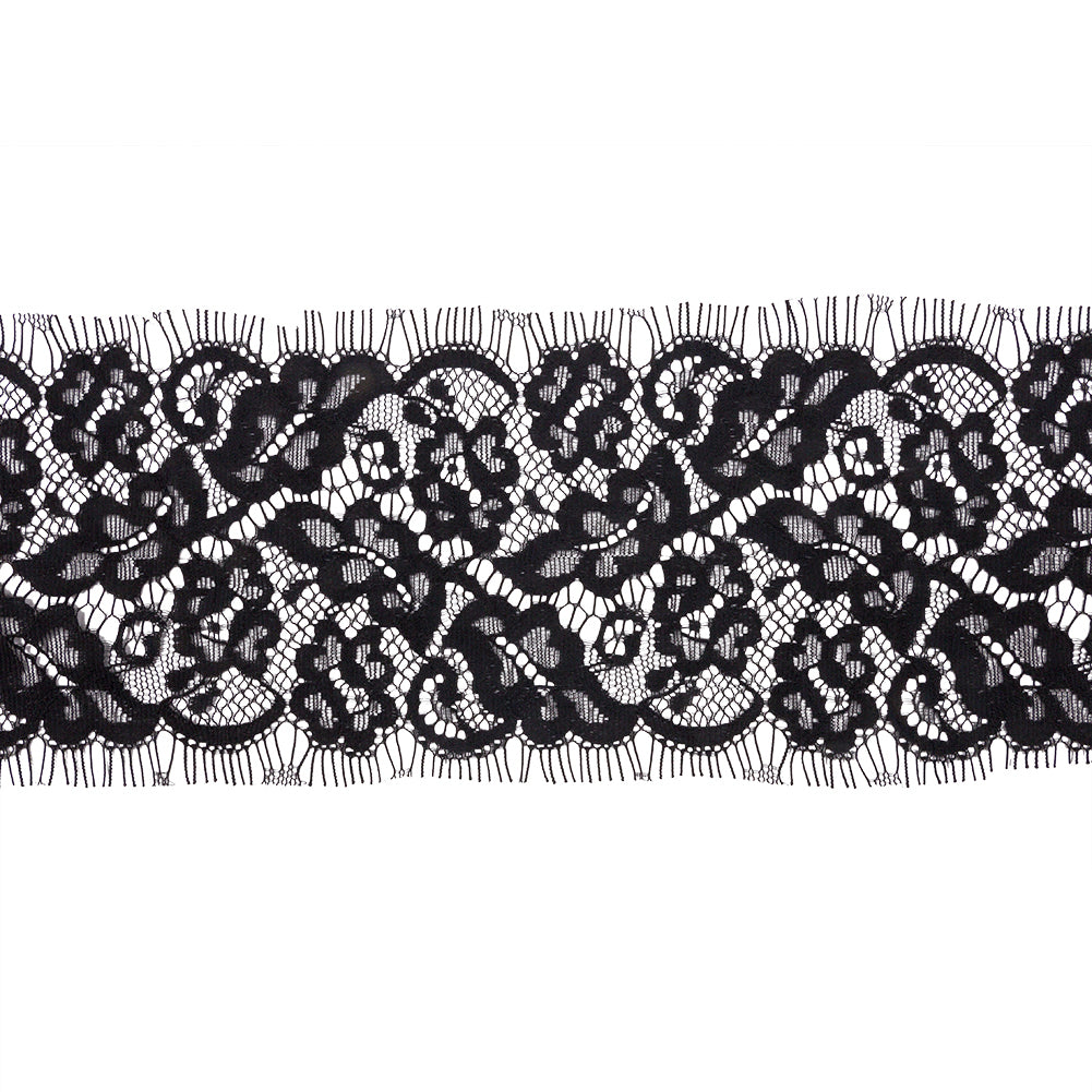 Black Floral Scrolls Lace Trim with Eyelash Fringe Edges - 3.5" Black Floral Scrolls Lace Trim with Eyelash Fringe Edges - 3.5"