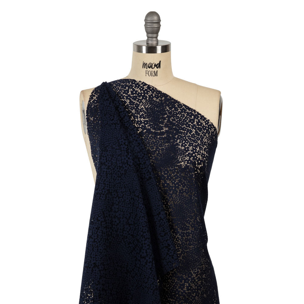 Trina Turk Navy Blue Floral Lace with Finished Scalloped Edges Drape Trina Turk Navy Blue Floral Lace with Finished Scalloped Edges Drape