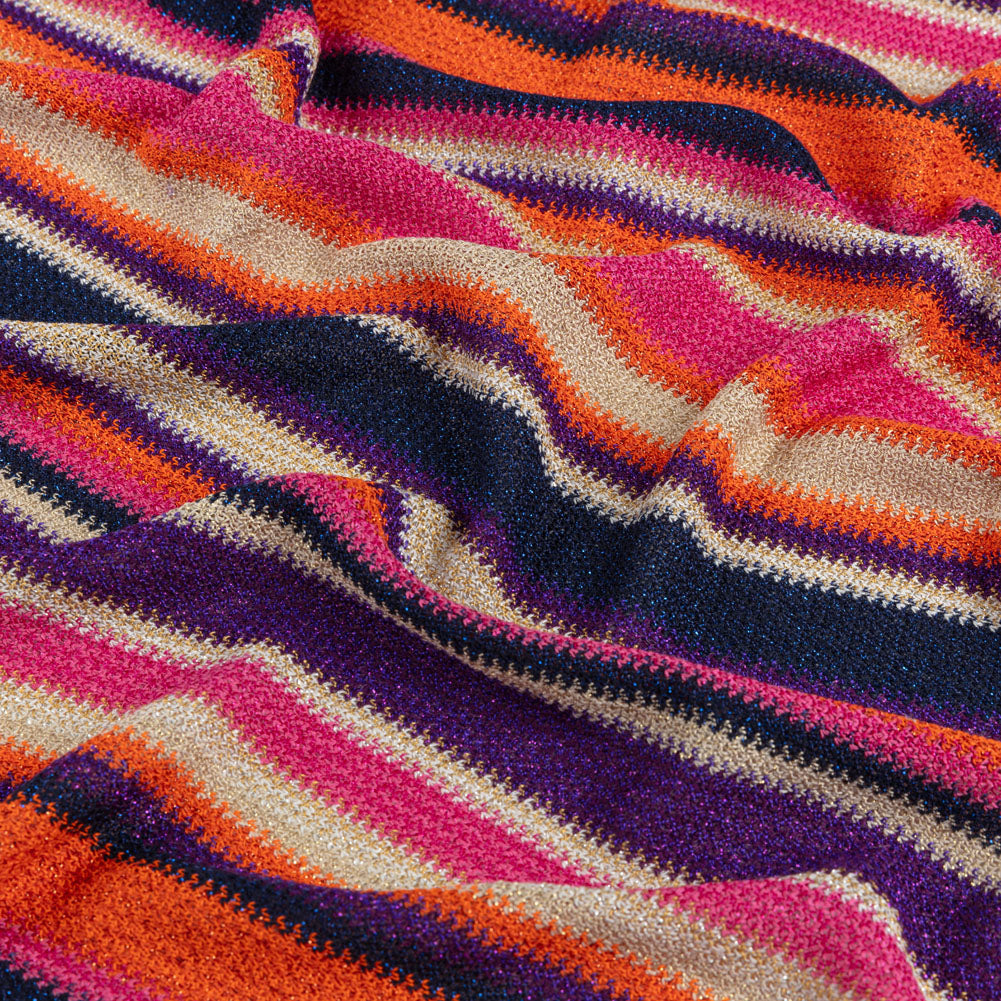 Trina Turk Pink, Orange and Navy Metallic Striped Viscose and Polyester Sweater Knit Trina Turk Pink, Orange and Navy Metallic Striped Viscose and Polyester Sweater Knit