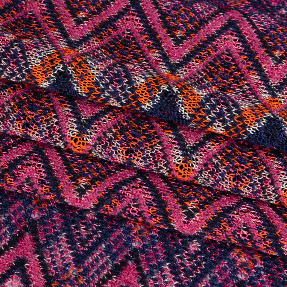 Trina Turk Pink, Navy and Orange Textured Zig Zags Viscose and Polyester Sweater Knit Folded Trina Turk Pink, Navy and Orange Textured Zig Zags Viscose and Polyester Sweater Knit Folded