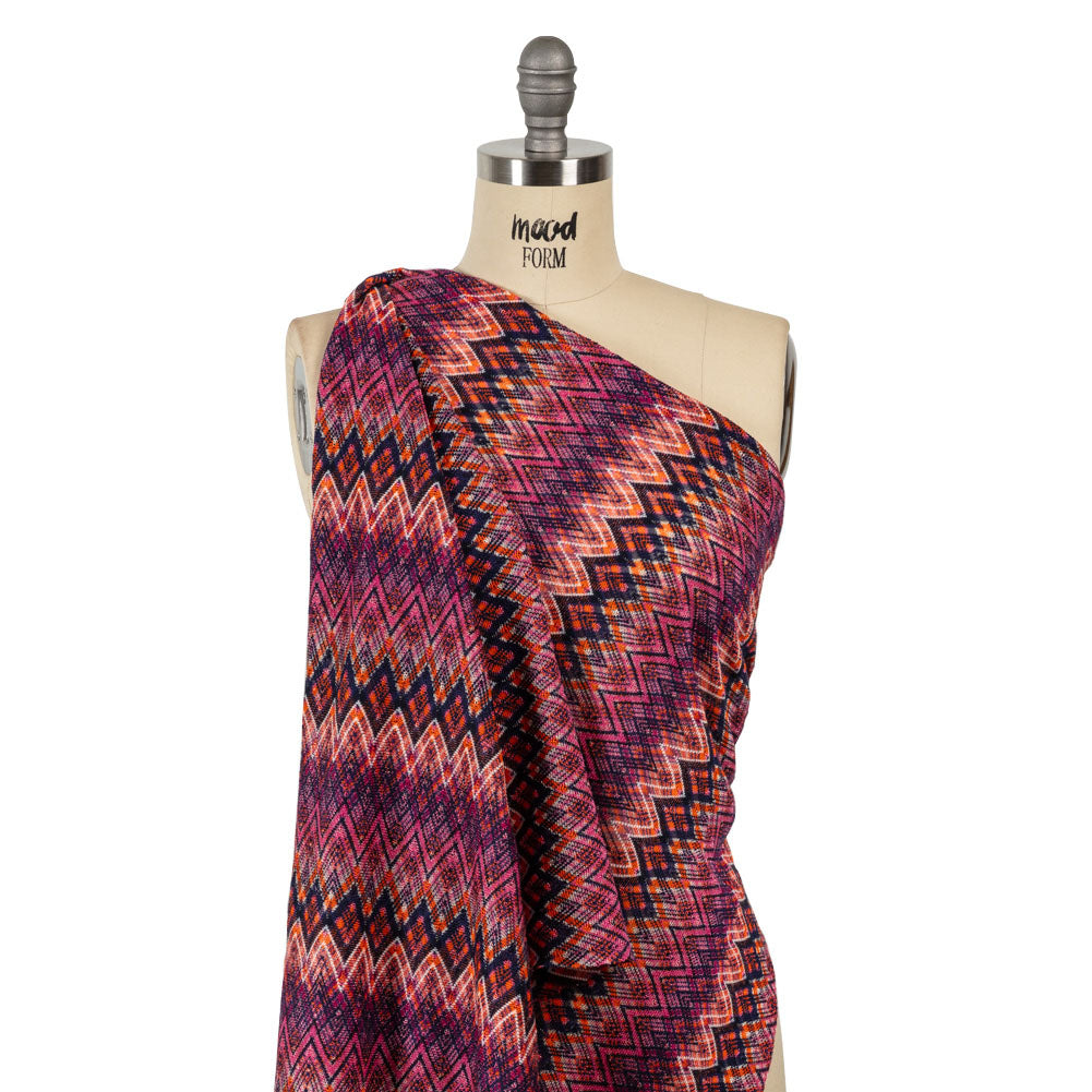 Trina Turk Pink, Navy and Orange Textured Zig Zags Viscose and Polyester Sweater Knit Drape Trina Turk Pink, Navy and Orange Textured Zig Zags Viscose and Polyester Sweater Knit Drape