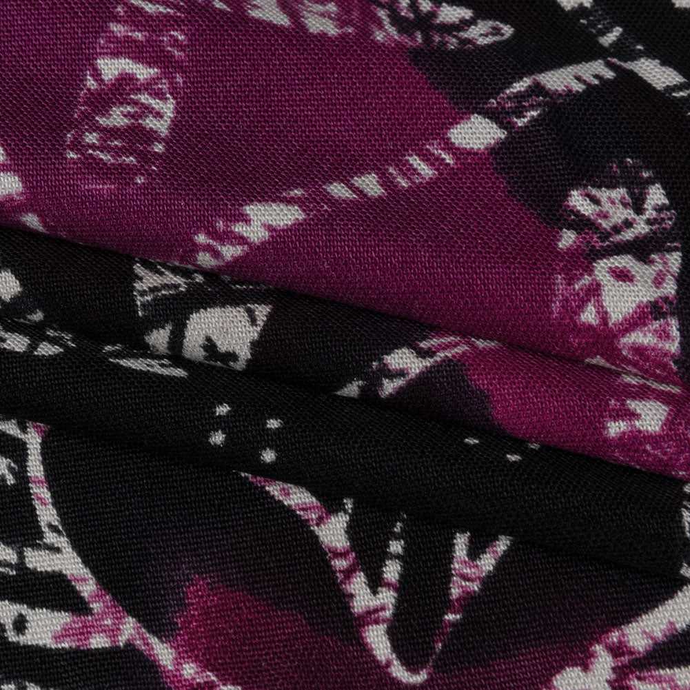 Fuchsia, Black and White Floral and Striped Batik Inspired Silk Interlock Knit Full Fuchsia, Black and White Floral and Striped Batik Inspired Silk Interlock Knit Full