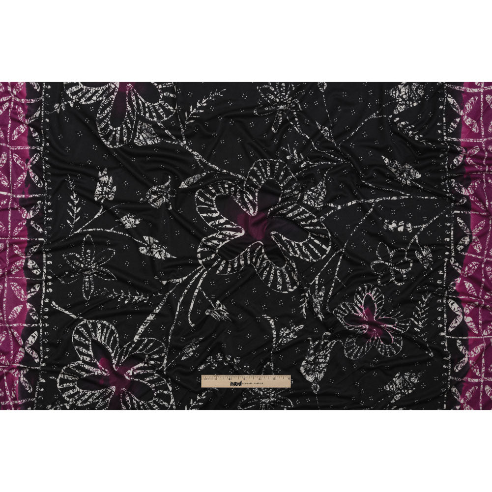 Fuchsia, Black and White Floral and Striped Batik Inspired Silk Interlock Knit Drape Fuchsia, Black and White Floral and Striped Batik Inspired Silk Interlock Knit Drape