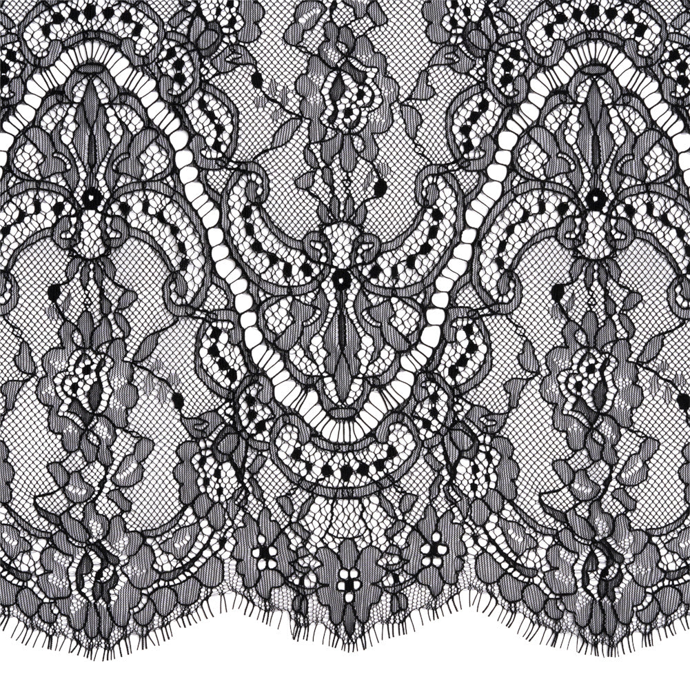 Black Floral Scalloped Re-Embroidered Lace Trim with Eyelash Fringe - 11.25" Detail Black Floral Scalloped Re-Embroidered Lace Trim with Eyelash Fringe - 11.25" Detail