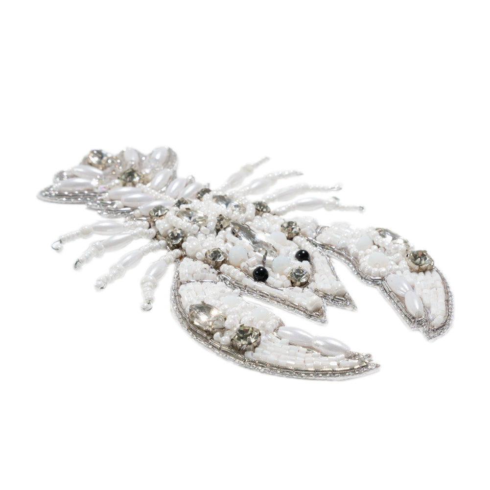 White and Silver Lobster Rhinestone and Glass Beaded Applique - 4.25" x 2.75" Folded White and Silver Lobster Rhinestone and Glass Beaded Applique - 4.25" x 2.75" Folded