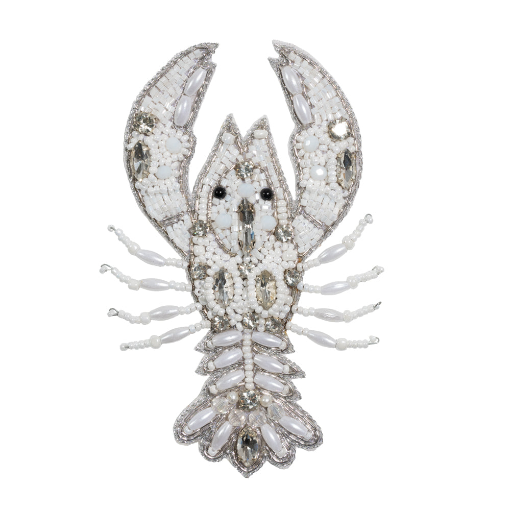White and Silver Lobster Rhinestone and Glass Beaded Applique - 4.25" x 2.75" White and Silver Lobster Rhinestone and Glass Beaded Applique - 4.25" x 2.75"