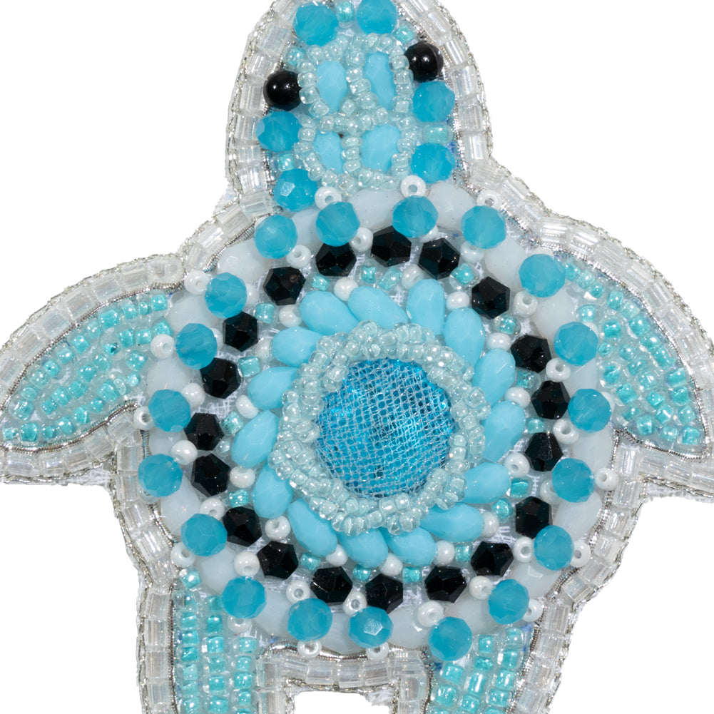 Aqua, White and Silver Little Sea Turtle Rhinestone and Glass Beaded Applique - 3" x 2.75" Detail Aqua, White and Silver Little Sea Turtle Rhinestone and Glass Beaded Applique - 3" x 2.75" Detail