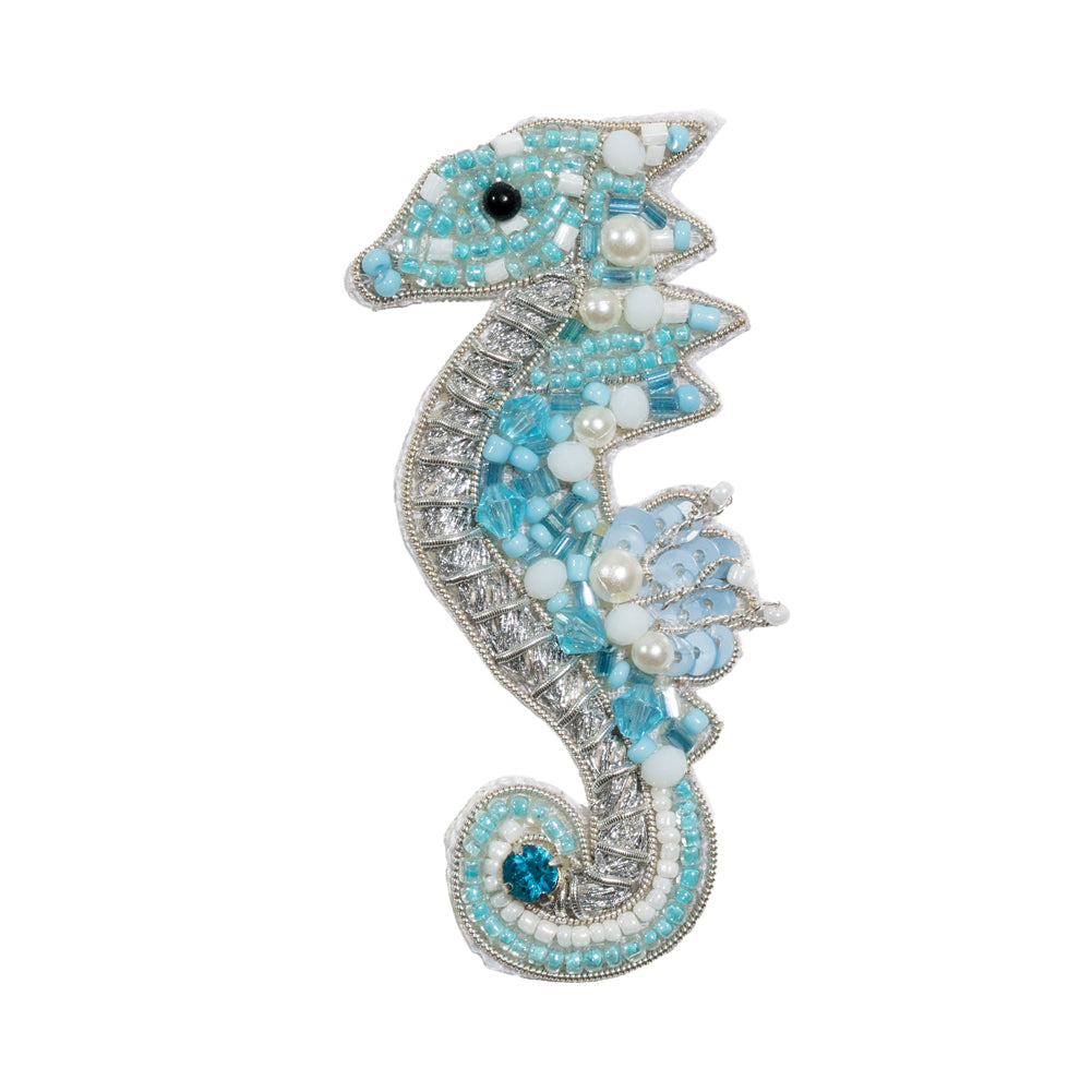 Aqua, Silver and White Baby Seahorse Sequins and Glass Beaded Applique - 3.125" x 1.375" Aqua, Silver and White Baby Seahorse Sequins and Glass Beaded Applique - 3.125" x 1.375"