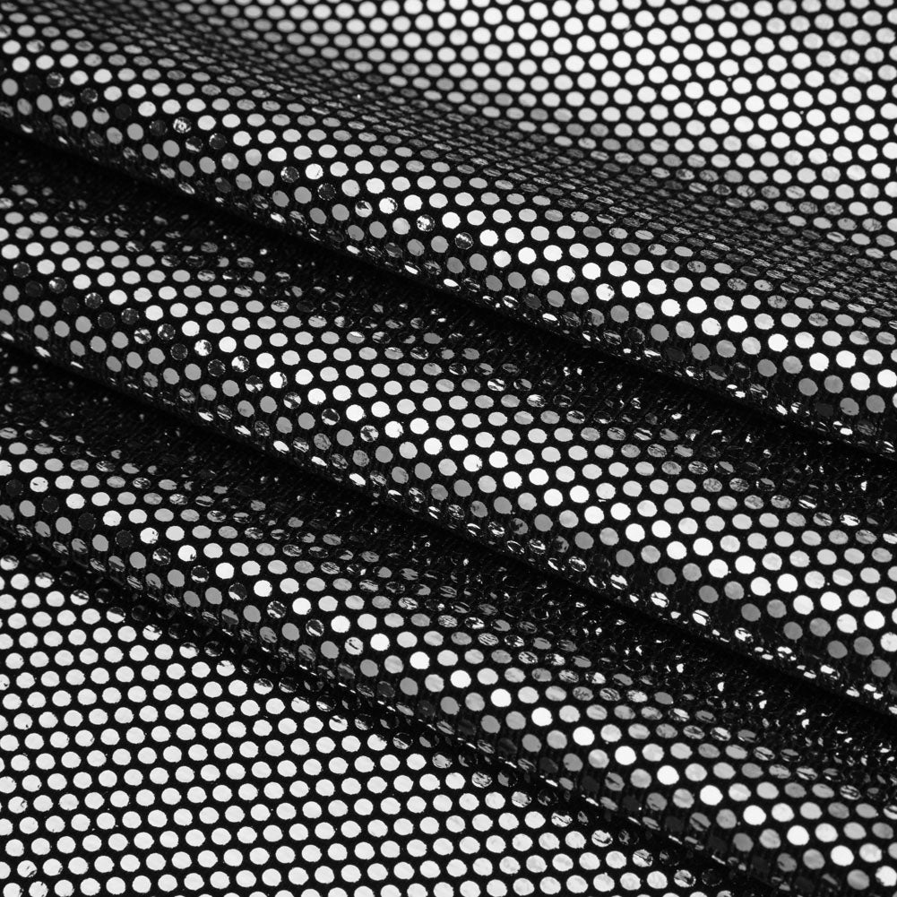 Stretch Polyester Velour with Crystal Foiled Polka Dots - Black and Silver Stretch Polyester Velour with Crystal Foiled Polka Dots - Black and Silver