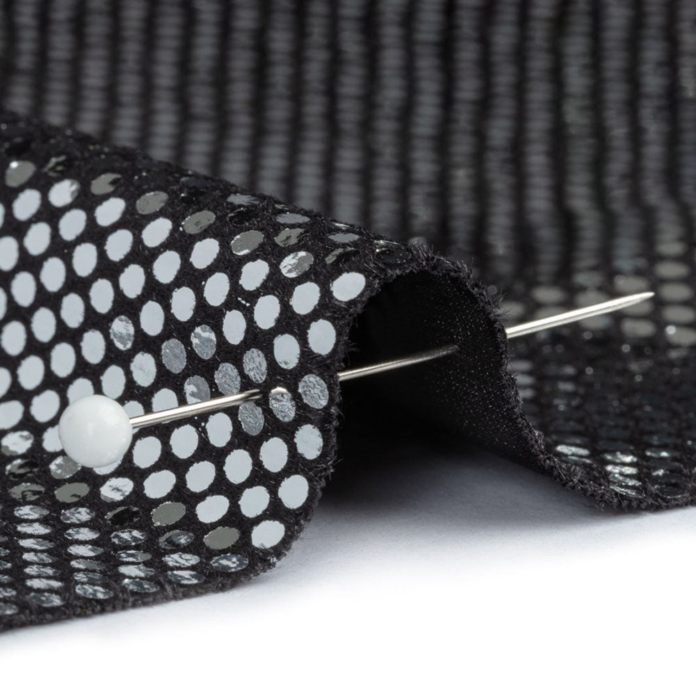 Stretch Polyester Velour with Crystal Foiled Polka Dots - Black and Silver Stretch Polyester Velour with Crystal Foiled Polka Dots - Black and Silver