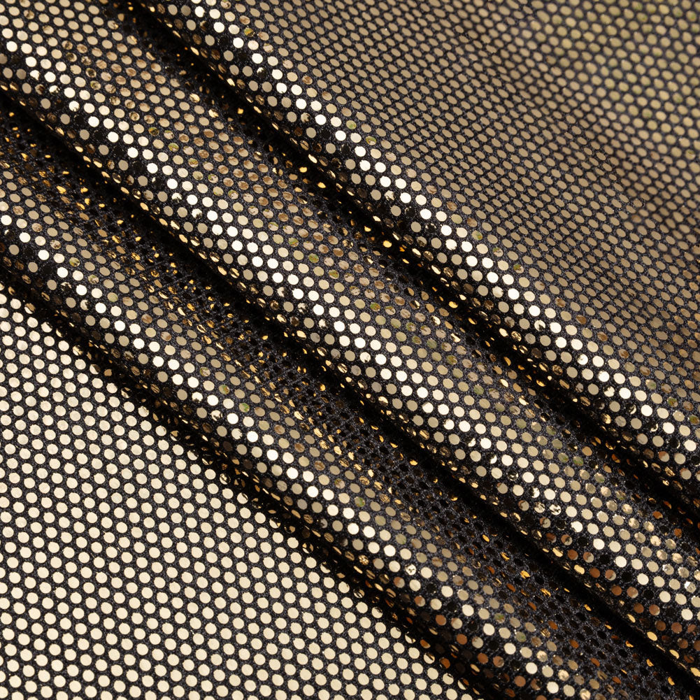 Stretch Polyester Velour with Crystal Foiled Polka Dots - Black and Gold Stretch Polyester Velour with Crystal Foiled Polka Dots - Black and Gold