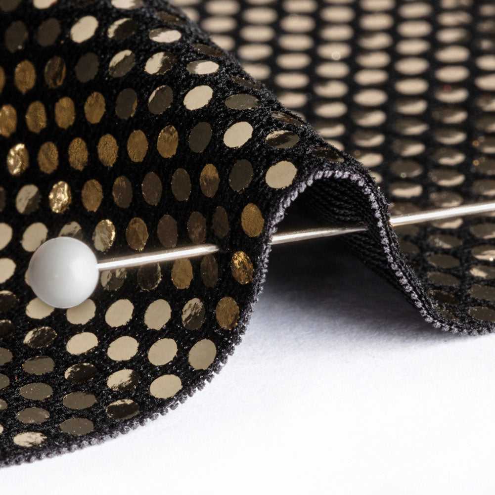 Stretch Polyester Velour with Crystal Foiled Polka Dots - Black and Gold Stretch Polyester Velour with Crystal Foiled Polka Dots - Black and Gold
