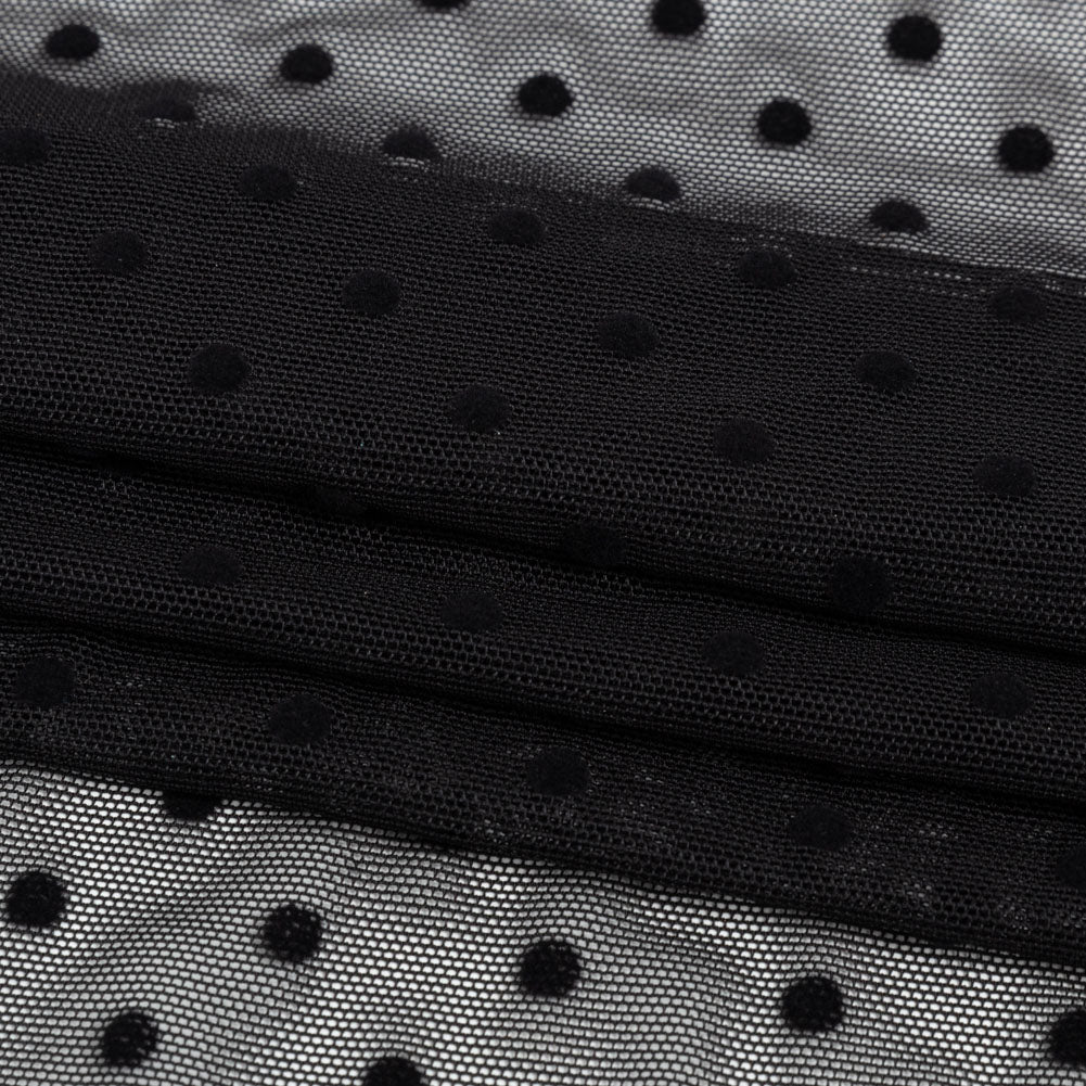 Black Flocked Polka Dots Stretch Nylon Mesh Black Flocked Polka Dots Stretch Nylon Mesh