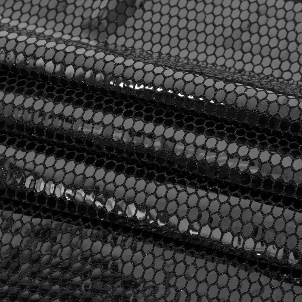 Black and Black Hexagons Foiled Stretch Nylon Knit - Folded Black and Black Hexagons Foiled Stretch Nylon Knit - Folded