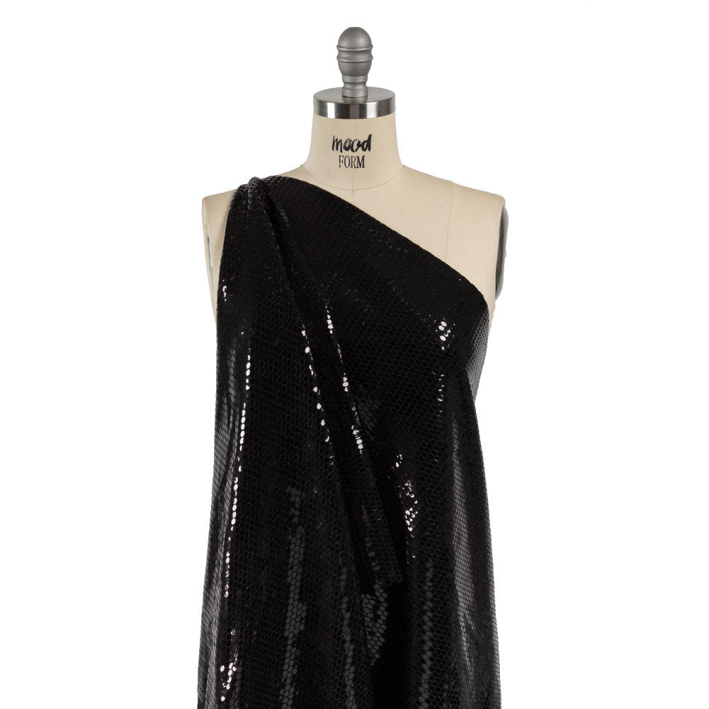 Black and Black Hexagons Foiled Stretch Nylon Knit - Drape Black and Black Hexagons Foiled Stretch Nylon Knit - Drape