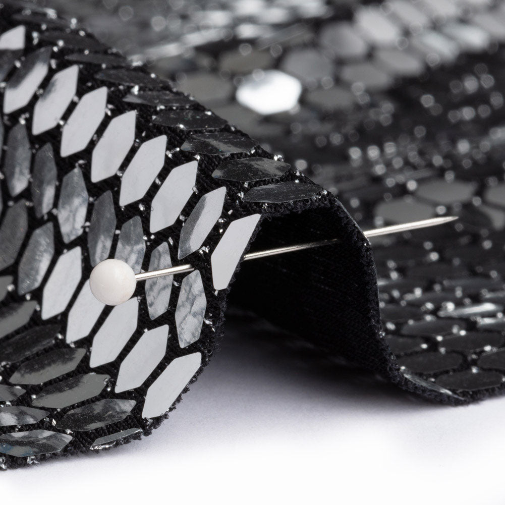 Black and Silver Hexagons Foiled Stretch Nylon Knit - Detail Black and Silver Hexagons Foiled Stretch Nylon Knit - Detail