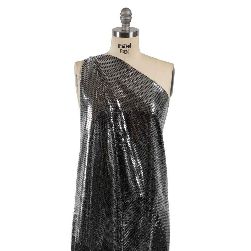 Black and Silver Hexagons Foiled Stretch Nylon Knit - Drape Black and Silver Hexagons Foiled Stretch Nylon Knit - Drape