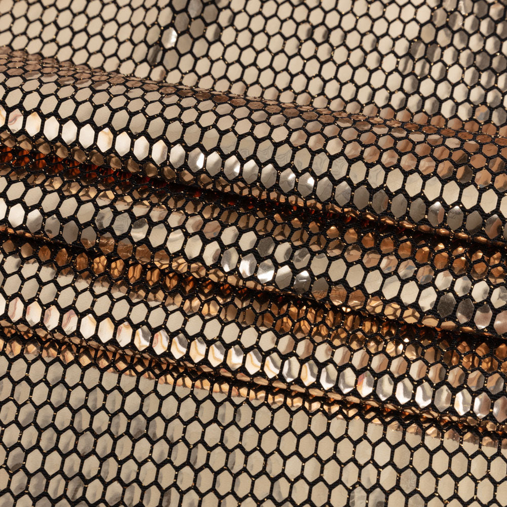 Black and Gold Hexagons Foiled Stretch Nylon Knit - Folded Black and Gold Hexagons Foiled Stretch Nylon Knit - Folded