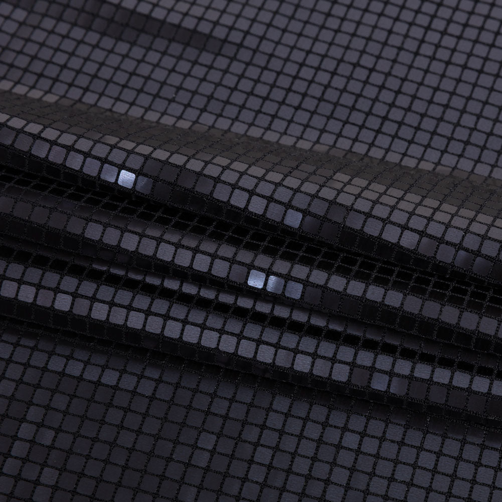 Squares Foiled Stretch Polyester Knit - Charcoal and Metallic Black - Heidi Collection - Folded Squares Foiled Stretch Polyester Knit - Charcoal and Metallic Black - Heidi Collection - Folded