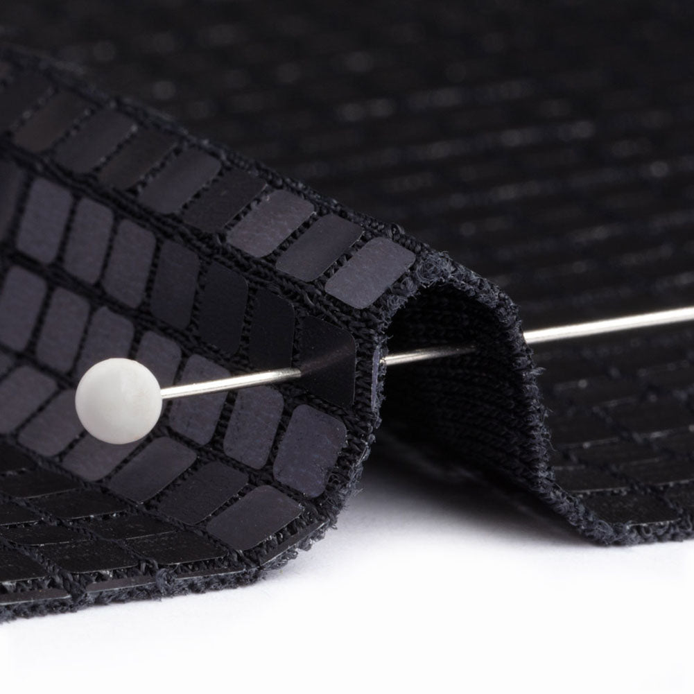 Squares Foiled Stretch Polyester Knit - Charcoal and Metallic Black - Heidi Collection - Detail Squares Foiled Stretch Polyester Knit - Charcoal and Metallic Black - Heidi Collection - Detail