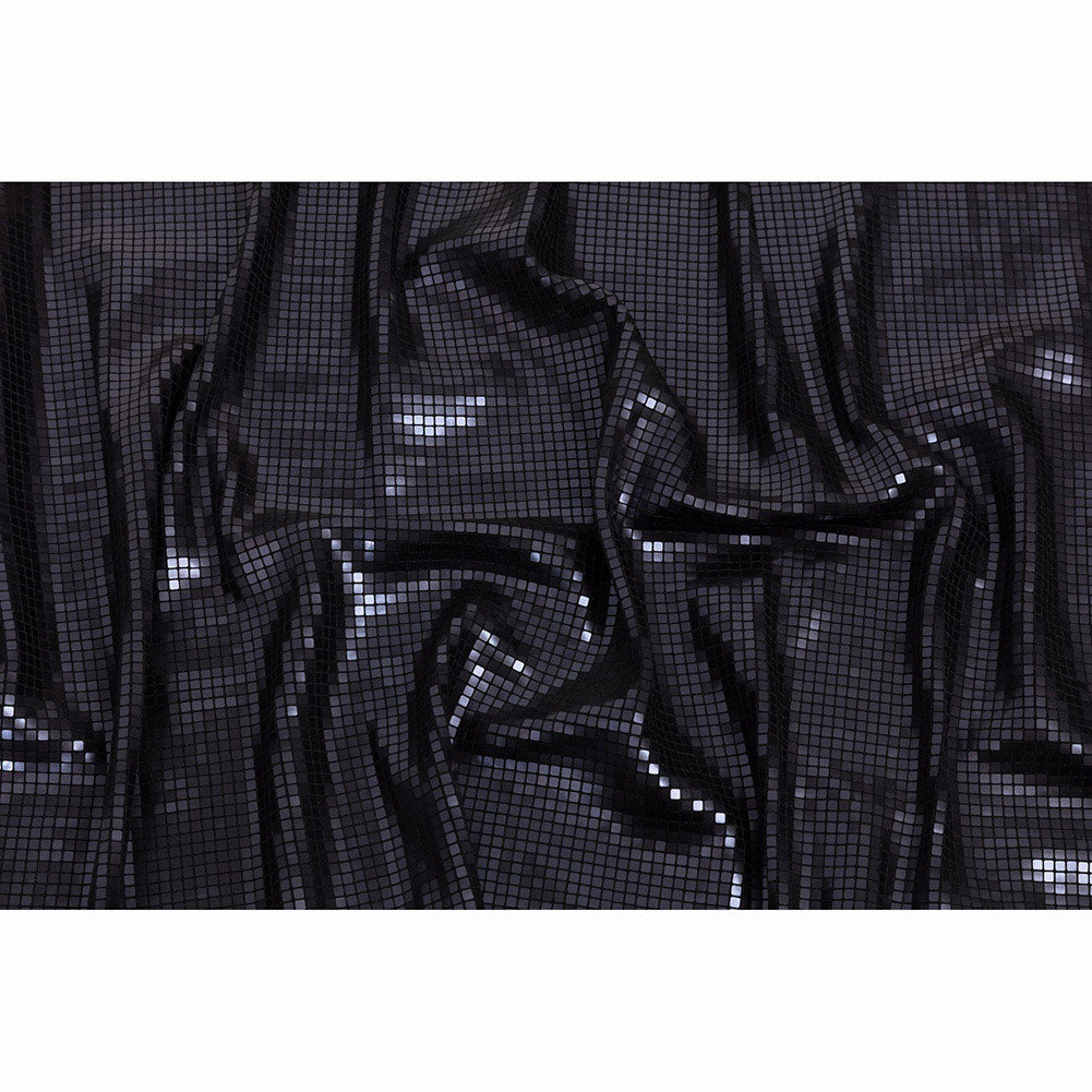 Squares Foiled Stretch Polyester Knit - Charcoal and Metallic Black - Heidi Collection - Full Squares Foiled Stretch Polyester Knit - Charcoal and Metallic Black - Heidi Collection - Full