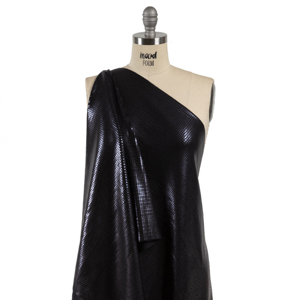 Squares Foiled Stretch Polyester Knit - Charcoal and Metallic Black - Heidi Collection - Drape Squares Foiled Stretch Polyester Knit - Charcoal and Metallic Black - Heidi Collection - Drape