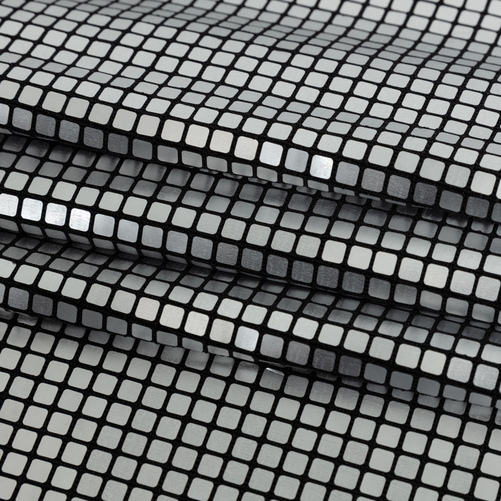 Squares Foiled Stretch Polyester Knit - Silver and Metallic Black - Heidi Collection - Detail Squares Foiled Stretch Polyester Knit - Silver and Metallic Black - Heidi Collection - Detail
