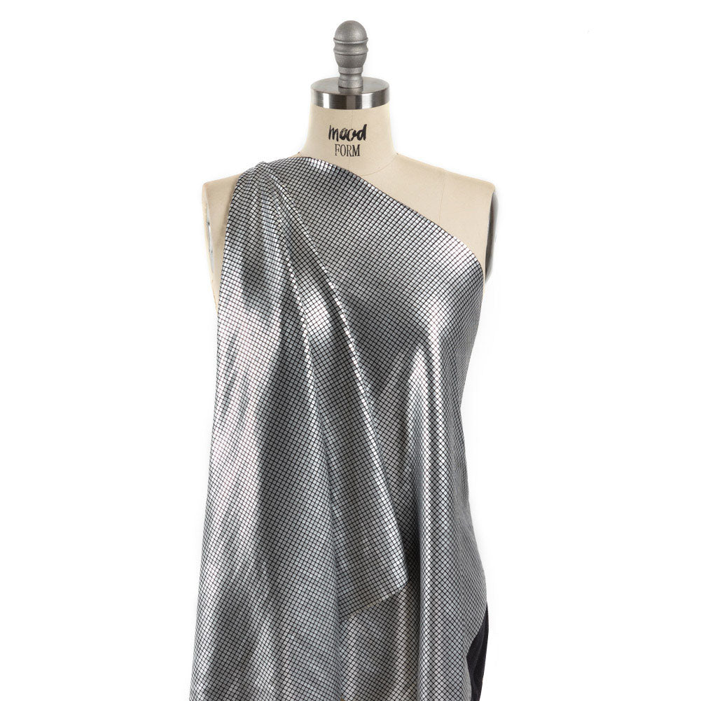 Squares Foiled Stretch Polyester Knit - Silver and Metallic Black - Heidi Collection - Drape Squares Foiled Stretch Polyester Knit - Silver and Metallic Black - Heidi Collection - Drape