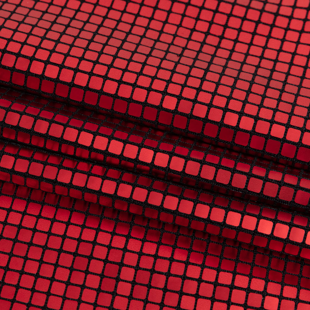 Squares Foiled Stretch Polyester Knit - Red and Metallic Black - Heidi Collection Squares Foiled Stretch Polyester Knit - Red and Metallic Black - Heidi Collection