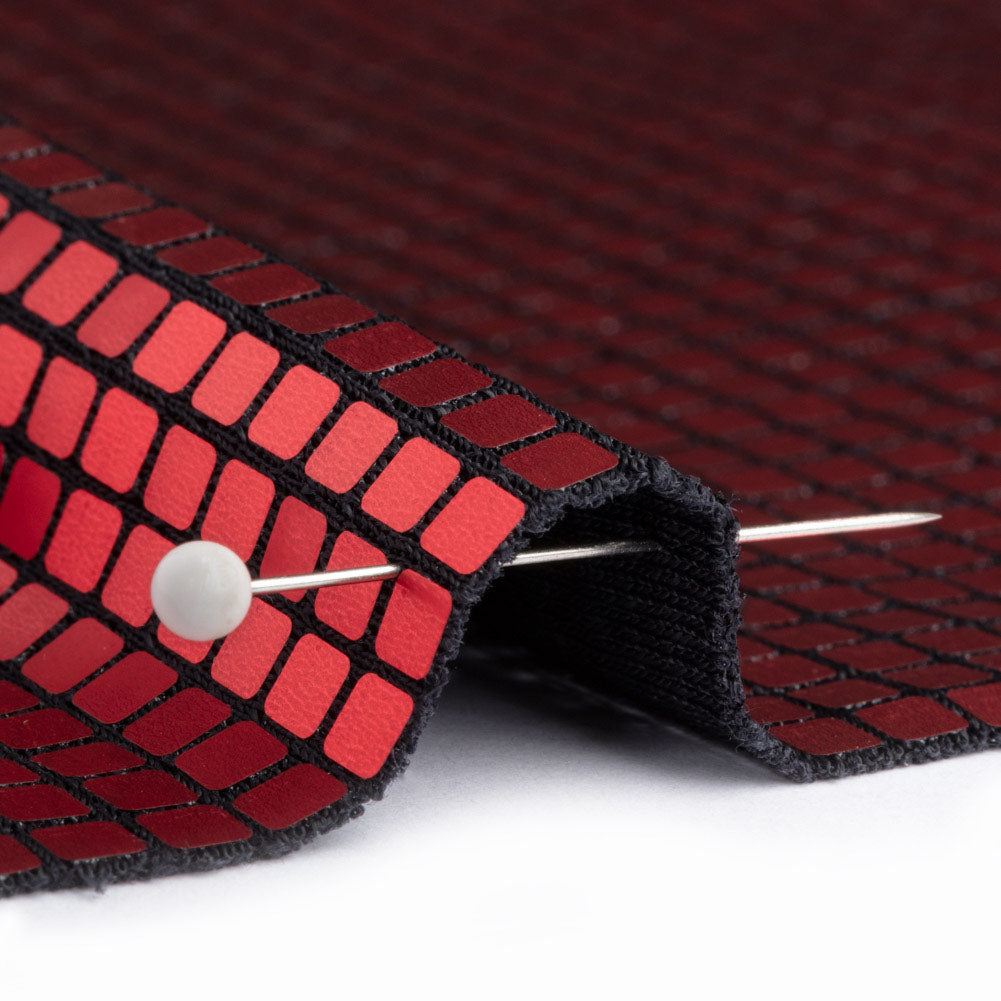 Squares Foiled Stretch Polyester Knit - Red and Metallic Black - Heidi Collection Squares Foiled Stretch Polyester Knit - Red and Metallic Black - Heidi Collection