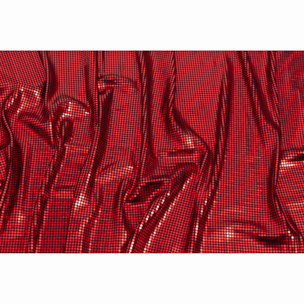 Squares Foiled Stretch Polyester Knit - Red and Metallic Black - Heidi Collection Squares Foiled Stretch Polyester Knit - Red and Metallic Black - Heidi Collection